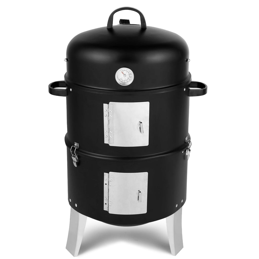 Black Double-Walled Cylindrical Charcoal Smoker Grill