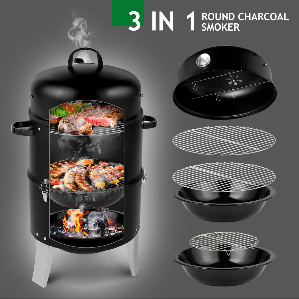 Black Double-Walled Cylindrical Charcoal Smoker Grill